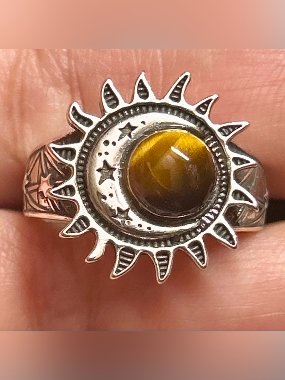 Sunburst Tiger's Eye Ring - Yellow Brown Crystal Gemstone S 925 Sterling Silver